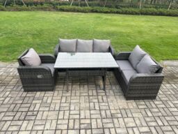 Fimous 6 Seater Garden Rattan Furniture Dining Table Sofa Set Indoor Outdoor with Reclining Chairs Dark Grey Mixed - thumbnail 1