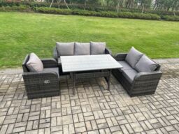 Fimous 6 Seater Garden Rattan Furniture Dining Table Sofa Set Indoor Outdoor with Reclining Chairs Dark Grey Mixed - thumbnail 2