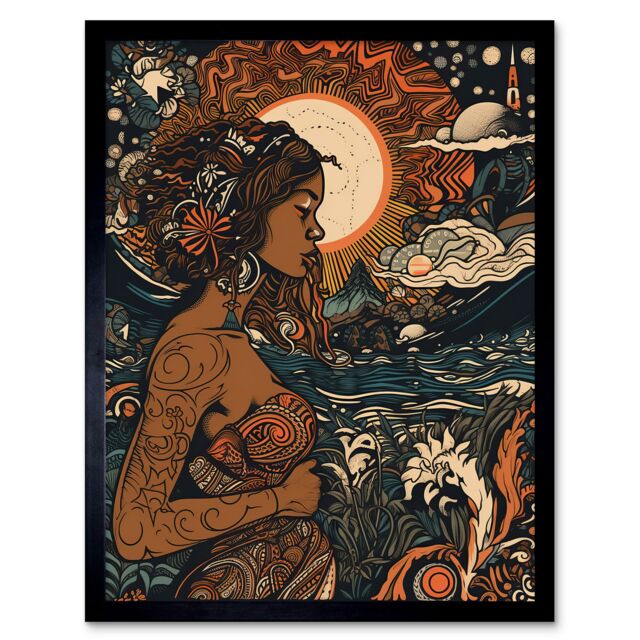 "Artery8 Wall Art Print Gaia Mother Nature Modern Art Nouveau Folk Art Framed in Black - Size: W12"" x H16""" - image 1