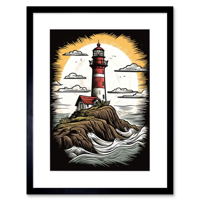 "Artery8 Wall Art Print Lighthouse on Cliff Old School USA Tattoo Ink Body Rockabilly Americana 50s Artwork Framed 9X7 Inch in Black - Size: W7"" x H9""" - image 1