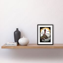 "Artery8 Wall Art Print Lighthouse on Cliff Old School USA Tattoo Ink Body Rockabilly Americana 50s Artwork Framed 9X7 Inch in Black - Size: W7"" x H9""" - thumbnail 2