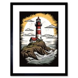 "Artery8 Wall Art Print Lighthouse on Cliff Old School USA Tattoo Ink Body Rockabilly Americana 50s Artwork Framed 9X7 Inch in Black - Size: W7"" x H9""" - thumbnail 1