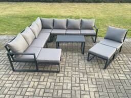 Fimous Aluminium 10 Seater Patio Outdoor Garden Furniture Lounge Corner Sofa Set with Oblong Coffee Table 2 Big Footstools Dark Grey - thumbnail 2