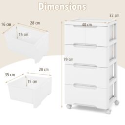 Costway 5-Drawer Rolling Cabinet Plastic Storage Cart 4-tier Drawer Dresser w/ Wheels in White - thumbnail 2