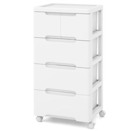 Costway 5-Drawer Rolling Cabinet Plastic Storage Cart 4-tier Drawer Dresser w/ Wheels in White