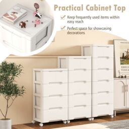 Costway 5-Drawer Rolling Cabinet Plastic Storage Cart 4-tier Drawer Dresser w/ Wheels in White - thumbnail 6