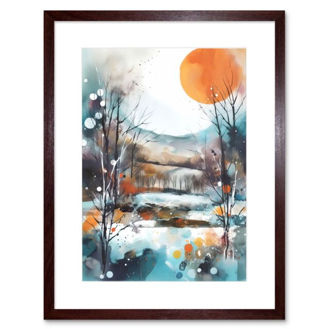 "Artery8 Wall Art Print Abstract Winter Landscape Watercolour Painting Boho Countryside Sunrise Snow Artwork Framed 9X7 Inch in Brown - Size: W7"" x H9""" - image 1