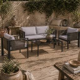 Wyld Haus Vafa 4 Seater Garden Sofa Set Black Frame Light Grey Cushions