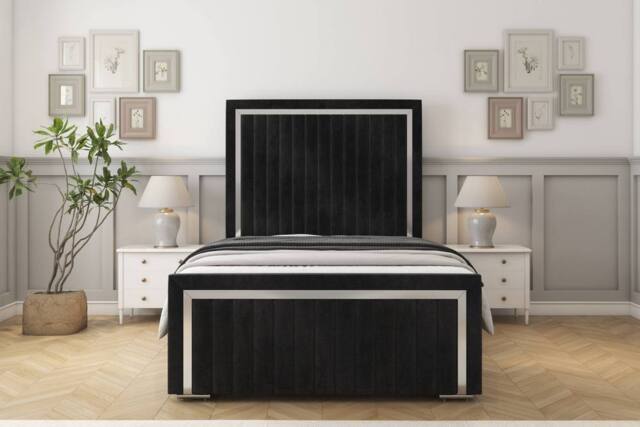 "Sloomy Boston Chrome Naples Bed Frame With 50"" Upholstered Headboard in Black - Size: Small Double" - image 1