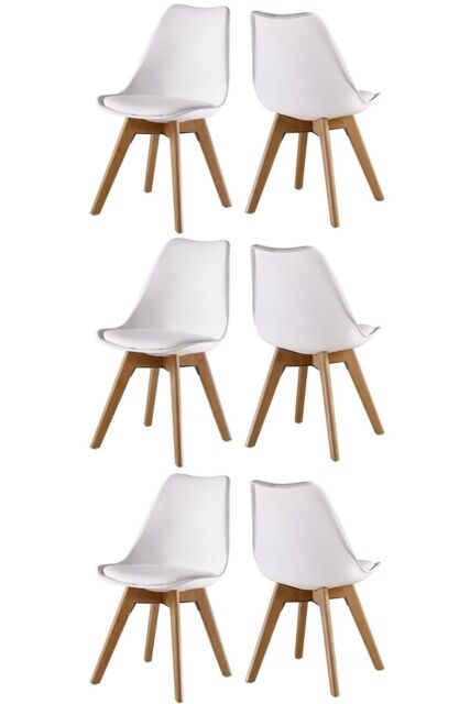 Life Interiors Set of 6 Scandinavian Dining Chairs Leather Cushions Solid Wood Legs in White