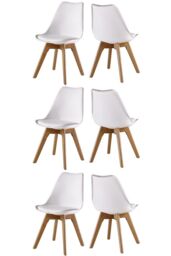 Life Interiors Set of 6 Scandinavian Dining Chairs Leather Cushions Solid Wood Legs in White