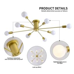 NIVOR 8 light Industrial Chandelier Mid Century Flush Mount Ceiling Light in Metallic Gold - thumbnail 7