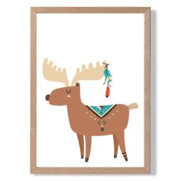 ARTZE Reindeer Tribal Animal Framed Print SIZE: A3 with Oak Frame in Brown - Size: A4