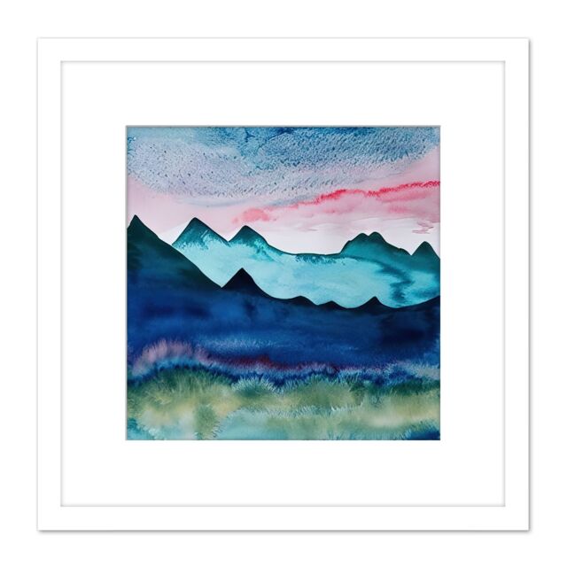 Artery8 Watercolour Mountain Meadow Pink Sky Modern Ink On Paper Style Square Wooden Framed Wall Art Print Picture 8X8 Inch in White - image 1