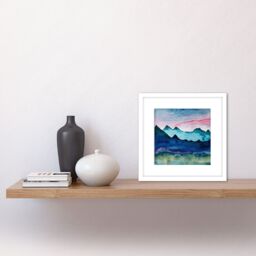 Artery8 Watercolour Mountain Meadow Pink Sky Modern Ink On Paper Style Square Wooden Framed Wall Art Print Picture 8X8 Inch in White - thumbnail 2