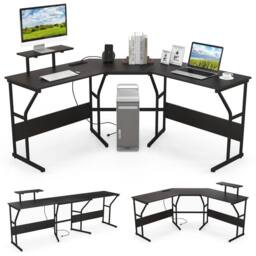 Kelvenix L-shaped Corner Computer Desk in Black - Size: 0.6m2 - thumbnail 1