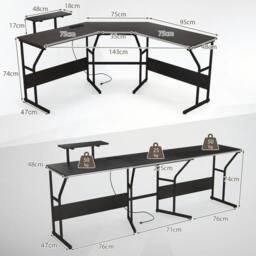 Kelvenix L-shaped Corner Computer Desk in Black - Size: 0.6m2 - thumbnail 2