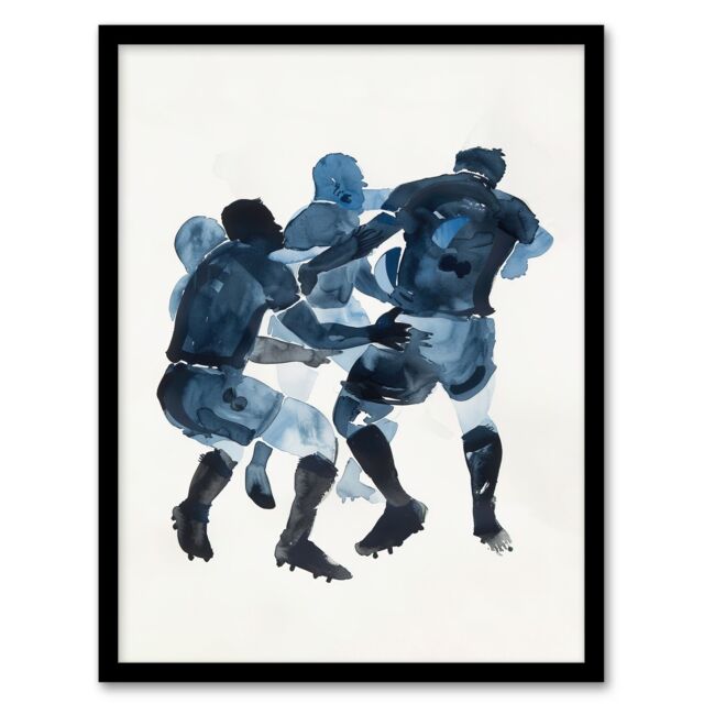 Artery8 Scrum Rugby Football Sport Players Watercolour Framed Wall Art in Dark Blue - Size: A4 - image 1