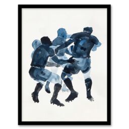 Artery8 Scrum Rugby Football Sport Players Watercolour Framed Wall Art in Dark Blue - Size: A4 - thumbnail 1
