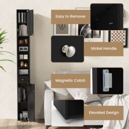 Costway Bathroom Tall Cabinet Slim Freestanding Storage Organizer Cupboard With 2 Doors in Black - thumbnail 6