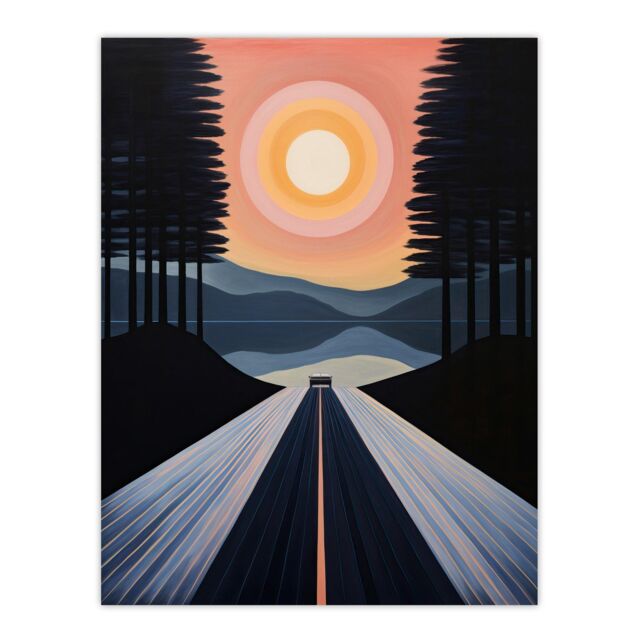 "Wee Blue Coo Wall Art Print Into The Sunset Oil Painting Orange Pink Blue Country Landscape Drive Poster in Dark Blue - Size: W24"" x H32""" - image 1