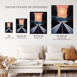 "Wee Blue Coo Wall Art Print Into The Sunset Oil Painting Orange Pink Blue Country Landscape Drive Poster in Dark Blue - Size: W24"" x H32""" - thumbnail 3