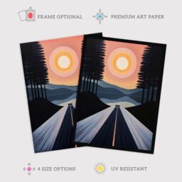 "Wee Blue Coo Wall Art Print Into The Sunset Oil Painting Orange Pink Blue Country Landscape Drive Poster in Dark Blue - Size: W24"" x H32""" - thumbnail 2