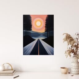 "Wee Blue Coo Wall Art Print Into The Sunset Oil Painting Orange Pink Blue Country Landscape Drive Poster in Dark Blue - Size: W24"" x H32""" - thumbnail 4