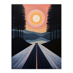 "Wee Blue Coo Wall Art Print Into The Sunset Oil Painting Orange Pink Blue Country Landscape Drive Poster in Dark Blue - Size: W24"" x H32""" - thumbnail 1