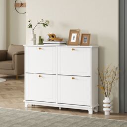 HOMCOM Narrow Shoe Cabinet with 4 Flip Drawers Adjustable Shelves, White - thumbnail 1