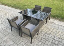Fimous Wicker PE Outdoor Rattan Garden Furniture Arm Chair & Table Dining Sets 4 Seater Rectangular Table Dark Grey Mixed - thumbnail 2