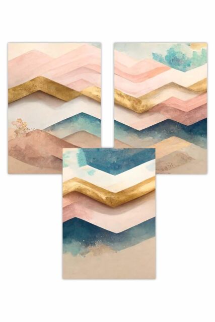 ARTZE Set of 3 Herringbone Abstract in Pastel Pink Teal & Gold Art Posters - Size: W30 cm x H42 cm - image 1