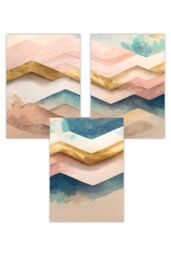 ARTZE Set of 3 Herringbone Abstract in Pastel Pink Teal & Gold Art Posters - Size: W30 cm x H42 cm