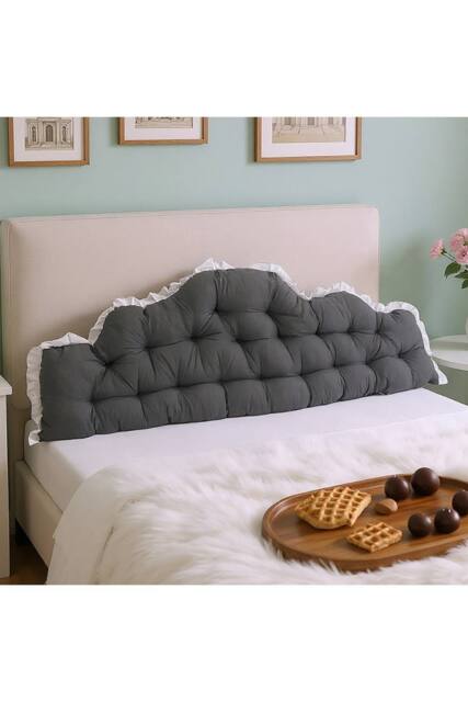 Living and Home Upholstered Headboard Pillow with Ruffle Trim in Dark Grey - image 1