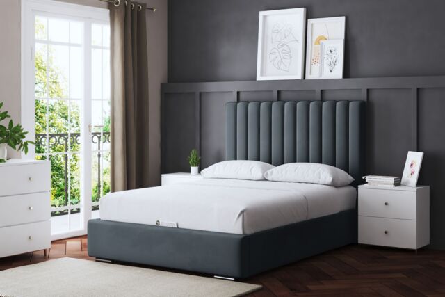 DS Living Evangaline Steel Panel Bed with Headboard in Grey - Size: King - image 1