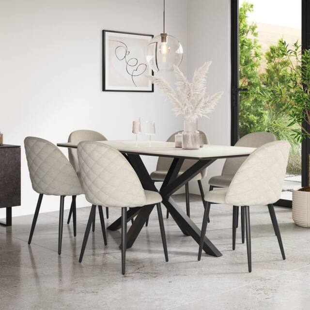 More4Homes Juno White marble Ceramic Dining Table & 6 Raye Velvet Chairs in Beige - image 1