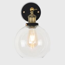 ValueLights Sheridan Industrial Amber Glass Bowl Gold Trim Black Wall Light with LED Bulb in Clear - thumbnail 2