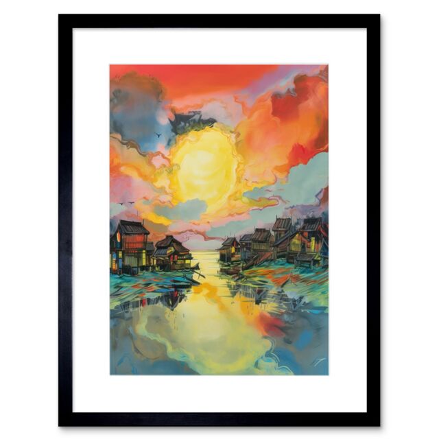 Artery8 Wall Art Print Atmospheric Clouds Over Mono Lake Fishing Village at Dawn Modern Watercolour Painting Artwork Framed 9X7 Inch - image 1