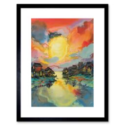 Artery8 Wall Art Print Atmospheric Clouds Over Mono Lake Fishing Village at Dawn Modern Watercolour Painting Artwork Framed 9X7 Inch - thumbnail 1