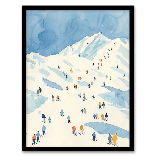 Artery8 Ski Winter Sport Snow Alps Travel Watercolour Framed Wall Art in Blue - Size: A4 - image 1