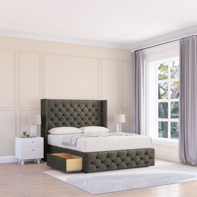 "Sloomy Luthor Dumfries Wingback Bed Set, 2 Drawers & 54"" Floor Standing Headboard in Dark Grey - Size: Super King" - image 1