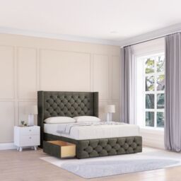 "Sloomy Luthor Dumfries Wingback Bed Set, 2 Drawers & 54"" Floor Standing Headboard in Dark Grey - Size: Super King" - thumbnail 1