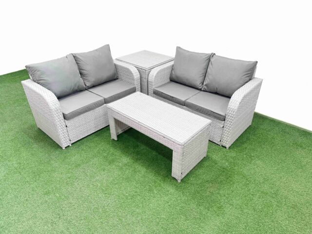 Fimous 4 Seater Outdoor Love Sofa Set Rattan Garden Furniture Set with Oblong Coffee Table Side Table Light Grey - image 1