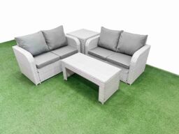 Fimous 4 Seater Outdoor Love Sofa Set Rattan Garden Furniture Set with Oblong Coffee Table Side Table Light Grey - thumbnail 1