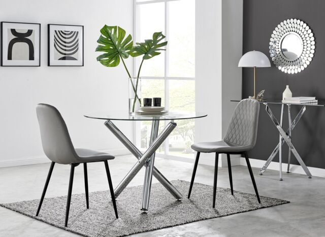 FurnitureboxUK Selina Round Glass Chrome Leg Dining Table & 2 Corona Black Leg Chairs in Grey - Size: 2 Person - image 1