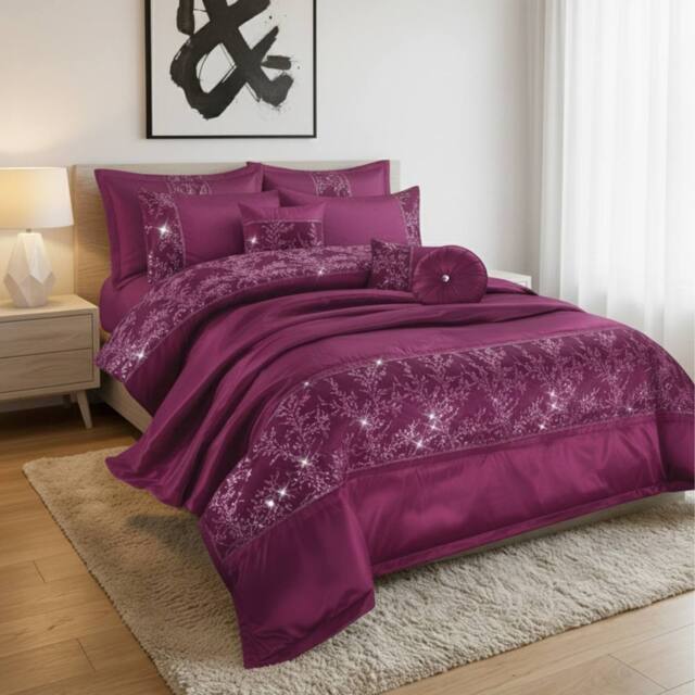 Snug City Embroidered Duvet Cover Set Luxury Bedding with Matching Accessories in Purple - Size: King - image 1