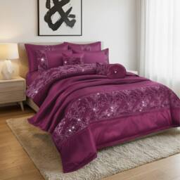 Snug City Embroidered Duvet Cover Set Luxury Bedding with Matching Accessories in Purple - Size: King