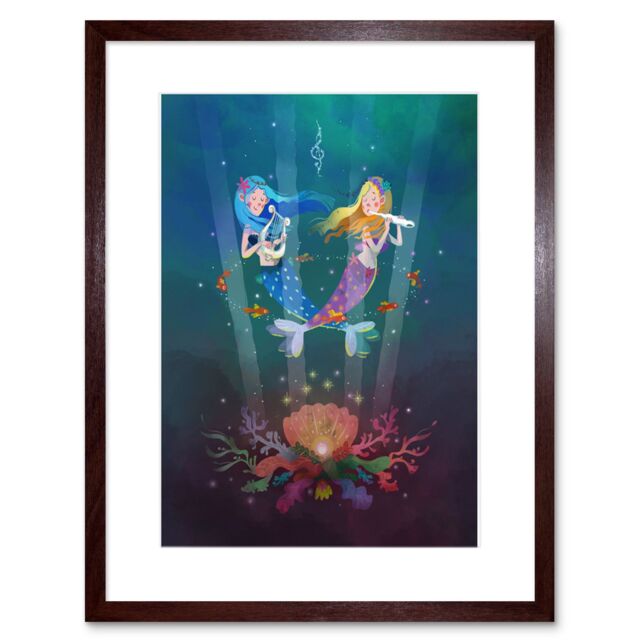 "Artery8 Wall Art Print Mermaids Kids Music Framed Art in Brown - Size: W7"" x H9""" - image 1