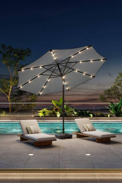 Garden Sanctuary Solar 24 LED Lights Garden Parasol with Crank with Plastic Fillable Base in Light Grey - image 1