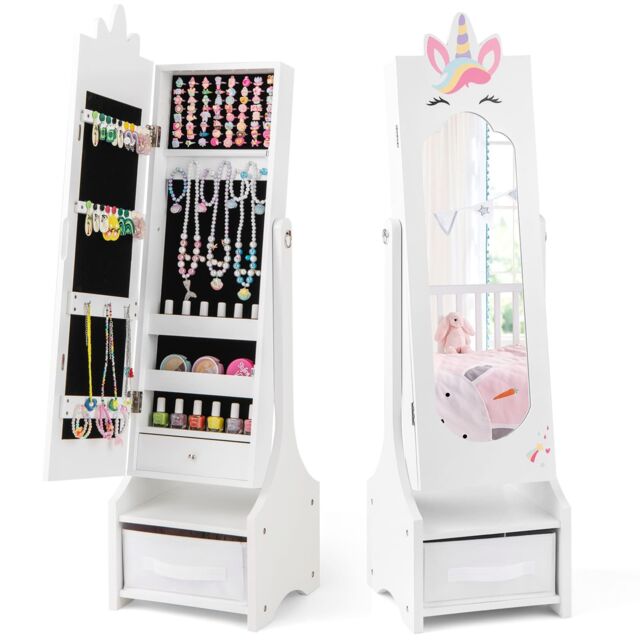 Costway Kids Jewelry Cabinet Standing Children Jewelry Organizer w/Drawer-White in White - image 1